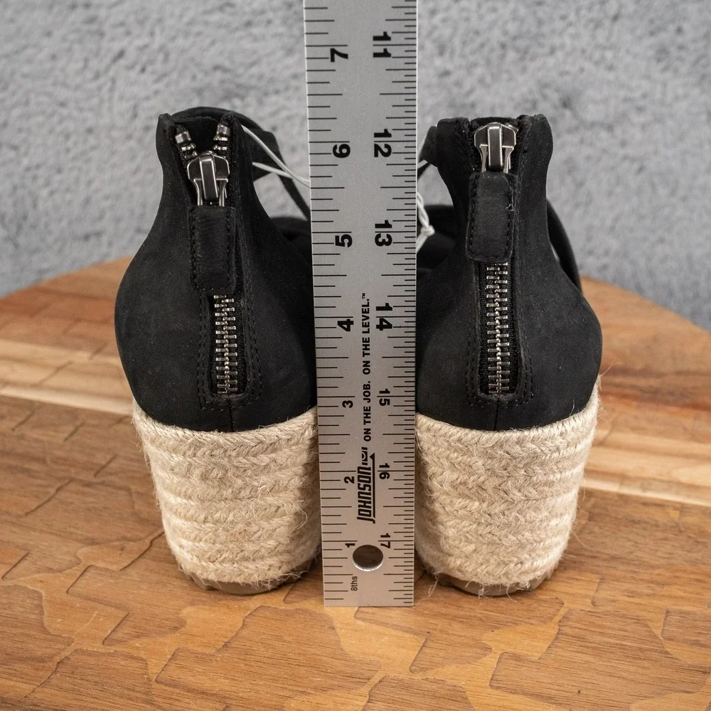 Eileen Fisher Largo‎ Black Tumbled Nubuck Leather Espadrille Wedge Sandal 8